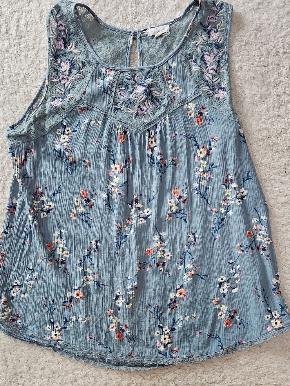 Light Green Floral Lace Yoke Tank Top